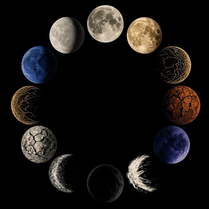 Twelve colorful moons arranged in a ring