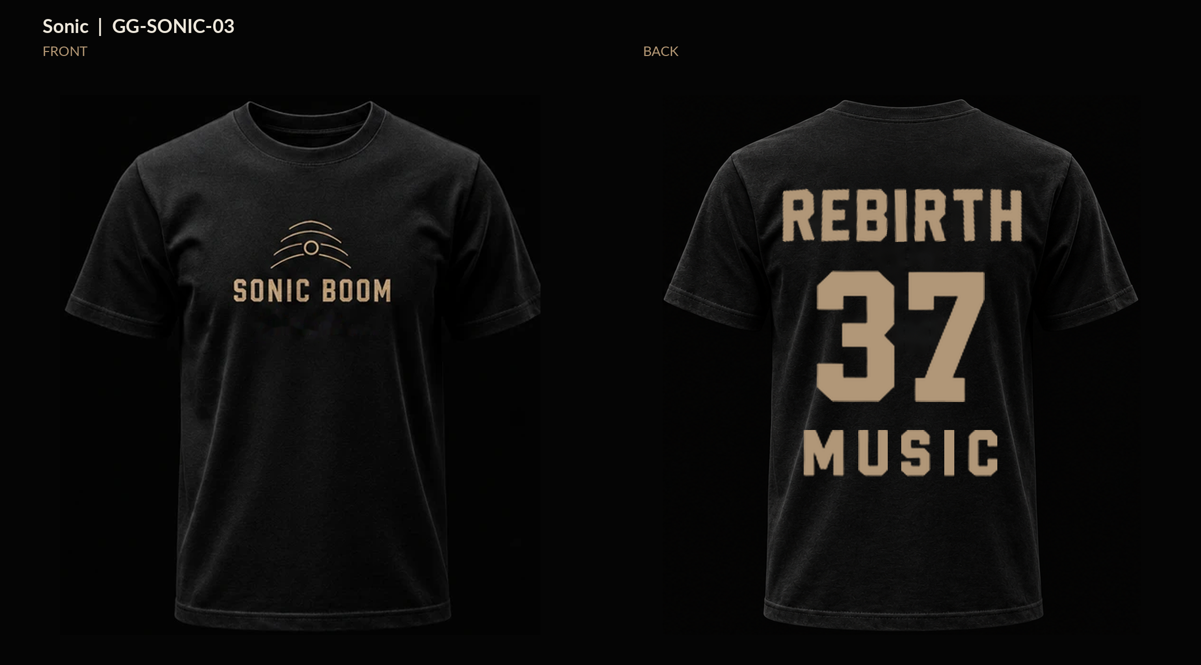 Black Sonic Boom shirt mockup showing the front design and REBIRTH 37 MUSIC back